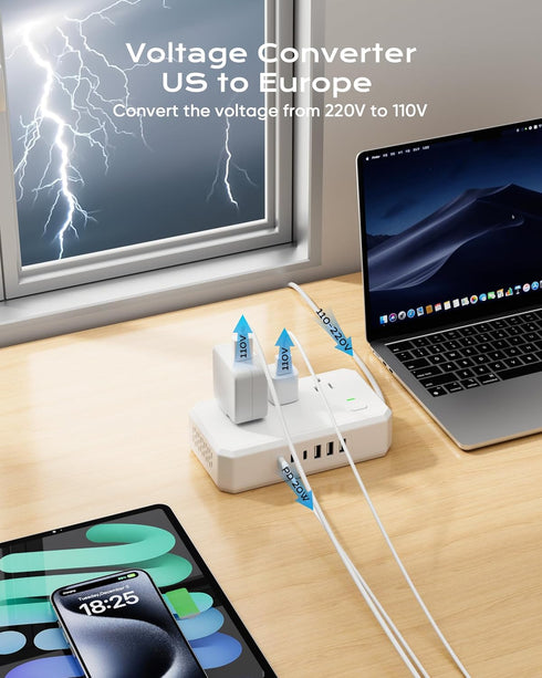 PD 20W Voltage Converter US to Europe, 250W Step Down 220v to 110v with 6 AC Output and USB Ports