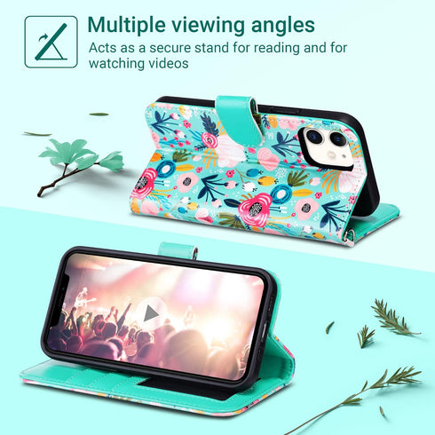 ULAK Compatible with iPhone 12/12 Pro Wallet Case, RFID Blocking PU Leather with Card Holder, Kickstand, Mint Flower