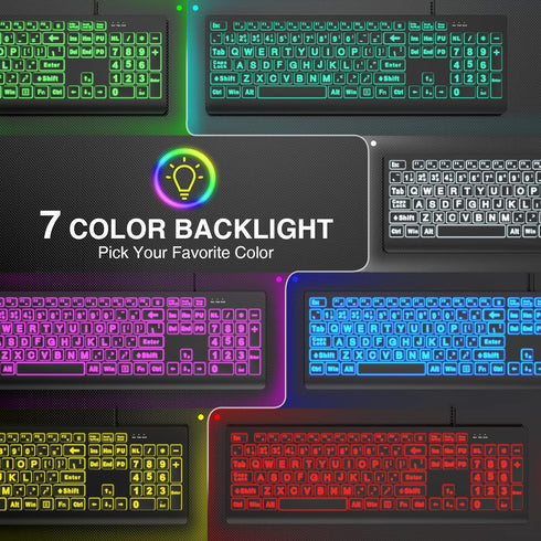 SABLUTE Large Print Backlit Keyboard, Wired USB Lighted Computer Keyboard with 7-Color Backlit for PC, Laptop