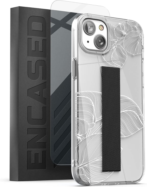 ENCASED iPhone 14 Finger Loop Case with Strap Grip & Screen Protector - Clear/White Lace Leaf Design