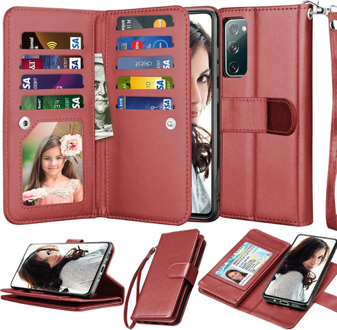 Njjex Galaxy S20 FE 5G Case, Wallet Case for Samsung S20 Fan Edition, 9 Card Slots, Wine Red