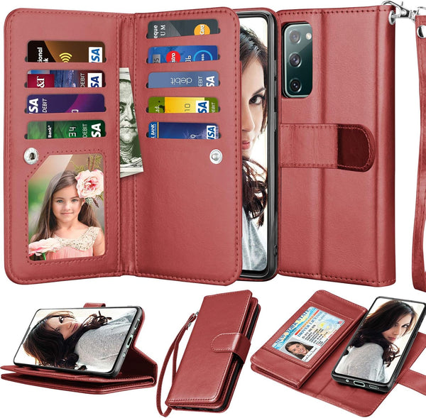 Njjex Galaxy S20 FE 5G Case, Wallet Case for Samsung S20 Fan Edition, 9 Card Slots, Wine Red