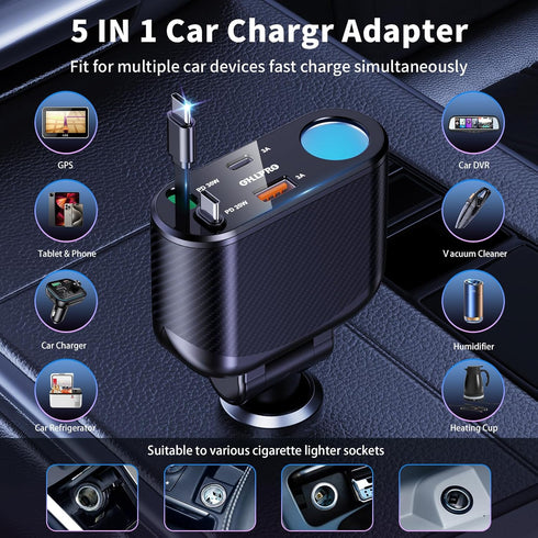 OHLPRO 5 in 1 Retractable Car Charger, 168W USB C Adapter with Dual USB Ports for Phone and iPad