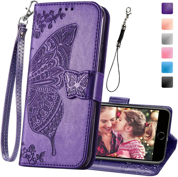 Wallet Case for iPhone SE 2020/2022/iPhone 8/7, Women Butterfly Embossed PU Leather Stand with Card Slots (Purple)