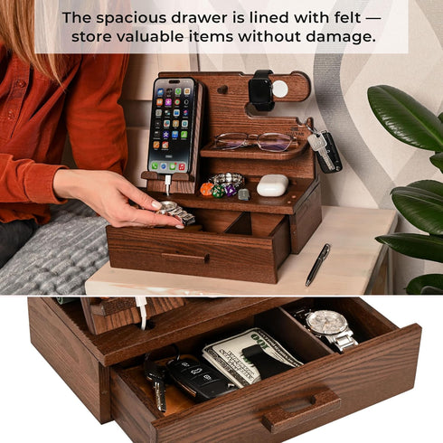TESLYAR Wood Phone Docking Station with Drawer, Desk Accessories & Workspace Organizer for Nightstand (Brown)