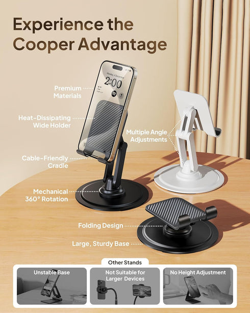 Cooper 360° Stand - Adjustable Cell Phone Stand for Desk, 360° Click-Rotating, Multi-Angle, Portable, Cream White
