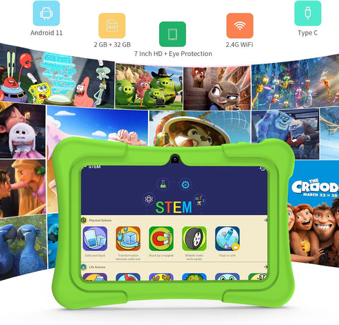 PRITOM 7 inch Kids Tablet with WiFi, 32GB, Bluetooth, Camera, Parental Control, Green
