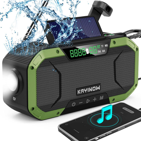 Emergency Radio Waterproof Bluetooth Speaker, Portable AM FM NOAA Weather Radio, Hand Crank Solar Powered, 5000mAh