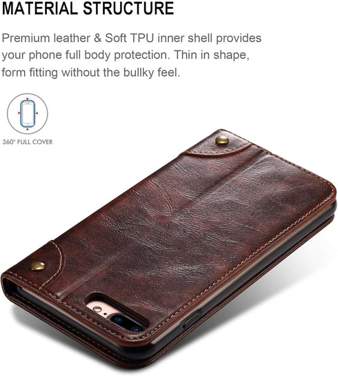 SINIANL iPhone 8 Plus / 7 Plus Leather Wallet Folio Case, Magnetic Closure, Flip Cover, Brown
