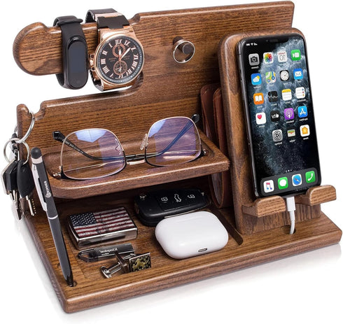 LNBEI Wood Phone Docking Station for Men, Simple and Elegant Nightstand Organizer, Multifunctional