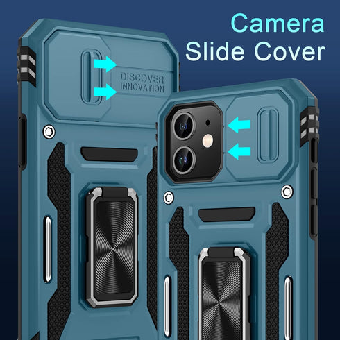 DEERLAMN for iPhone 11 Case with Slide Camera Cover+Screen Protector(2 Packs),Rotated Ring Kickstand Military Grade Shockproof Protective Cover-Light Blue