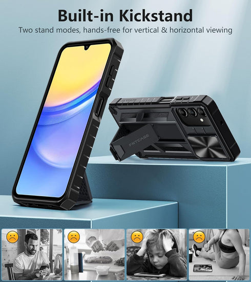FNTCASE Samsung Galaxy A15-5G Case: Rugged Military Grade Shockproof Drop Protection Mobile Cover with Kickstand (Black)