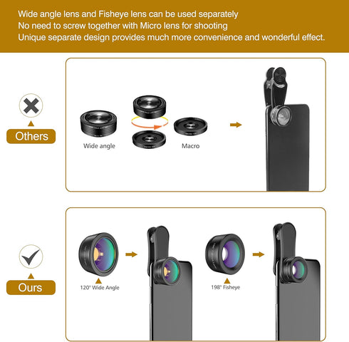 Phone Camera Lens - Upgraded 3 in 1 Kit: Fisheye, Macro, Wide Angle