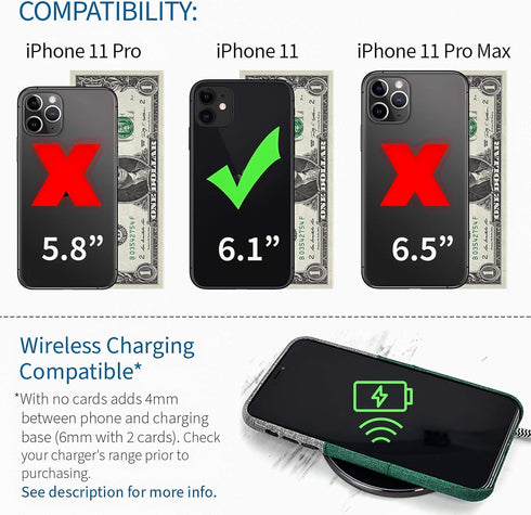 Dockem Wallet Case for iPhone 11 - Built-in Metal Plate for Magnetic Mounting & 2 Card Holders, Green & Grey