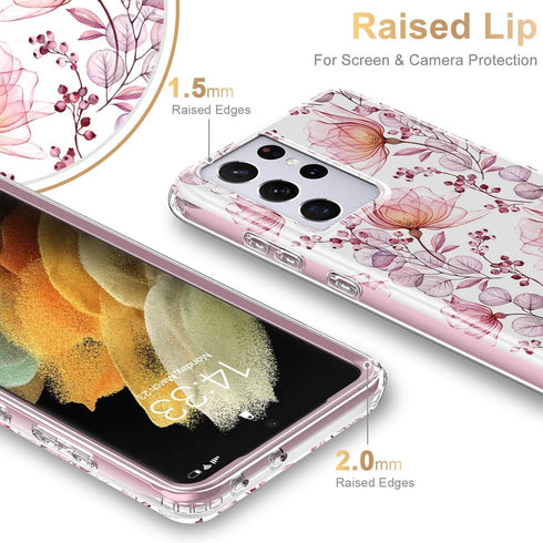 Esdot Light Pink Flowers Case for Samsung Galaxy S21 Ultra, Military Grade Rugged Cover for Women Girls