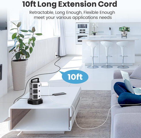 JACKYLED Power Strip Tower Surge Protector, 10ft Electric Charging Station, 12 Outlets, 6 USB Ports, Heavy Duty, White