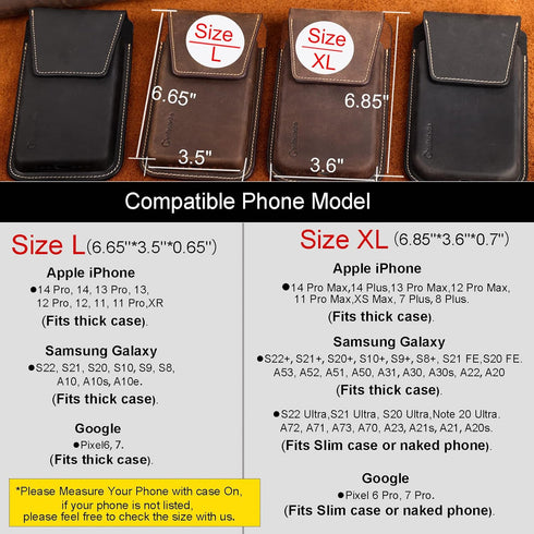 Gentlestache Darkbrown Leather Cell Phone Holster with Belt Clip, Flip Case for iPhone 14/13 Pro Max, Universal Pouch