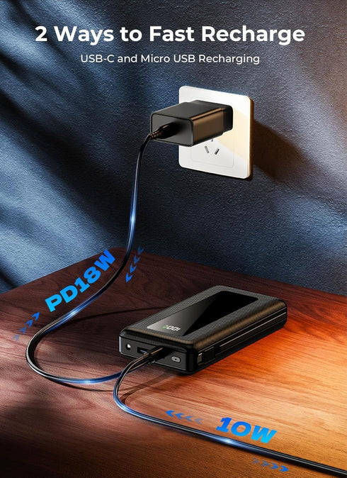 JKELAR 50000mAh Pack 22.5W Power Bank, Portable Charger, Travel Camping Essential Battery with Built-in Cables, PD Fast
