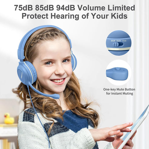 SIMOLIO Kids Headphones Wired with Microphone for Virtual School & Gaming, Safe Volume Cord Headphone with Flexible