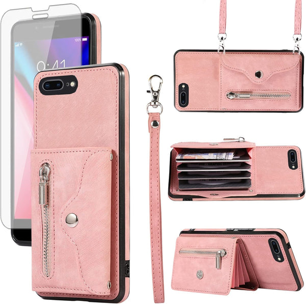 Phone Case for iPhone 7plus 8plus, Wallet Cover with Wrist Crossbody Strap, Leather Cell Accessories, Rose Gold