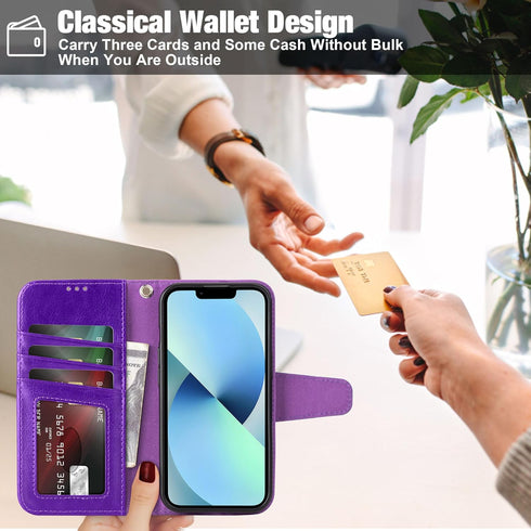 Arae Compatible with iPhone 13 Case with Card Holder and Wrist Strap Wallet Flip Cover for iPhone 13 6.1 inch, Purple