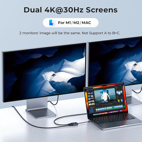 RayCue USB C to Dual HDMI Adapter, 4K@60hz, Type C to HDMI Converter, USB C Hub for MacBook, Laptop