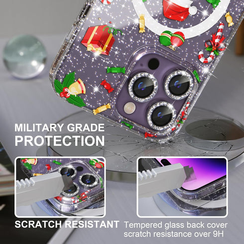 Choiche iPhone 14 Pro Magnetic Case - Glitter Christmas Tree, Clear Bling, with 3x Diamond Lens & 2x Tempered Glass