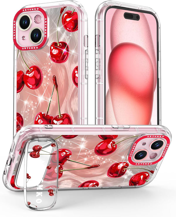 ARTSMKO Super Shiny Cute Red Cherry Phone Case: Fashion Mirror Bracket & Fruit