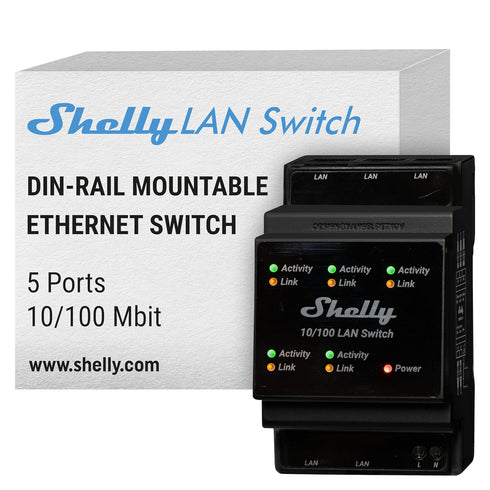 Shelly LAN Switch, 5 Port RJ45 10/100 Mbps Fast Ethernet Switch, DIN-Mountable, Fanless, Plug & Play, Energy-Saving,