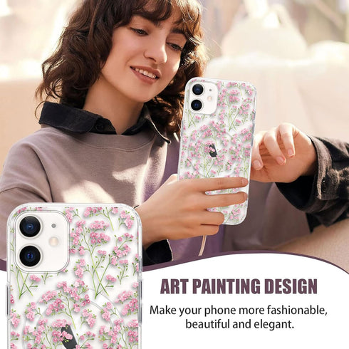 Zrutru 12/12 6.1",Aesthetic 12 Cute Flower Magnetic Phone Case for iPhone Pro Pink Floral Cases Girly Design Cover