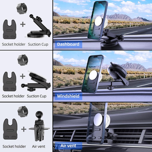 Socket Car Mount for Dashboard, Air Vent, Windshield, Car Phone Holder for Socket Grip with 2 Mounts, 3 in 1 Stable Air