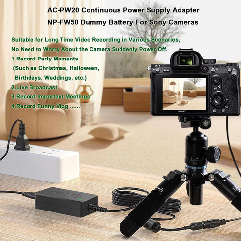 Gonine AC-PW20 Power Supply NP-FW50 Dummy Battery Kit for Sony Alpha ZV-E10, A6400, A6000, A5100 Cameras