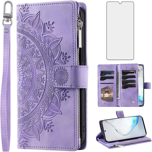 Asuwish Wallet Phone Case for Samsung Galaxy Note 10 5G - Mandala Flower, Zipper Card Holder, Tempered Glass, Purple.