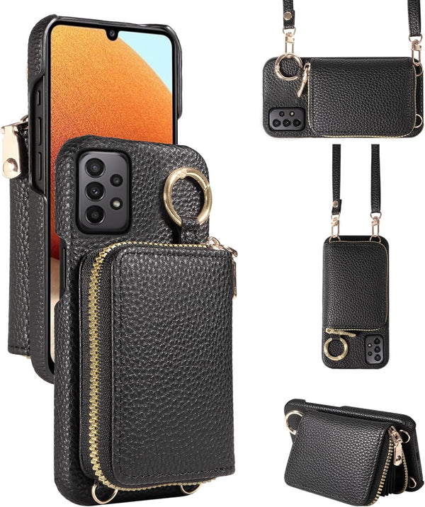 Furiet Wallet Case for Samsung Galaxy A32 5G 2021, 6.5 inch, with Shoulder Strap, Zipper Flip Organ Purse