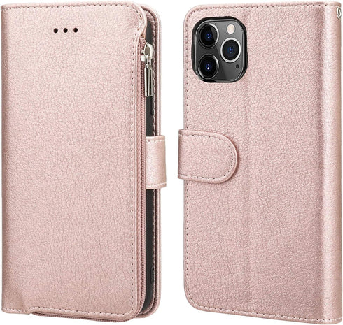 KIHUWEY Premium Leather Wallet Case for iPhone 12 Pro Max, Zipper with Card Holder, Wrist Strap, Rose Gold