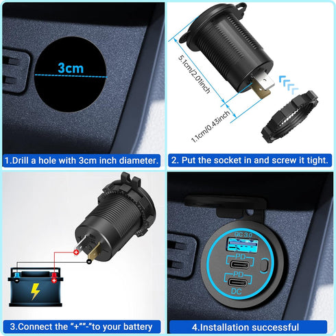 USB C Car Charger Socket 12V, 2 Pack 78W RV USB Outlet with Dual 30W PD USB-C and 18W QC3.0 Car USB Port