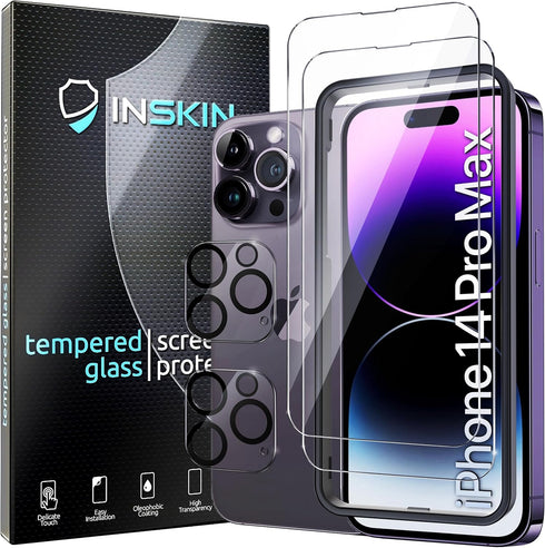Inskin Tempered Glass Screen Protector for iPhone 14 Pro Max 6.7 inch - Ultimate 2+2 Bundle with Camera Lens Guard,