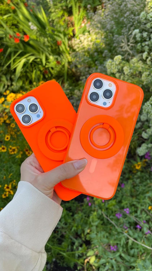 FELONY CASE 2.0- 17, 16, 15, 14, 13, 12, - Neon Orange Ring Grip and Stand - Version Improved Stronger Magnet, Magnetic