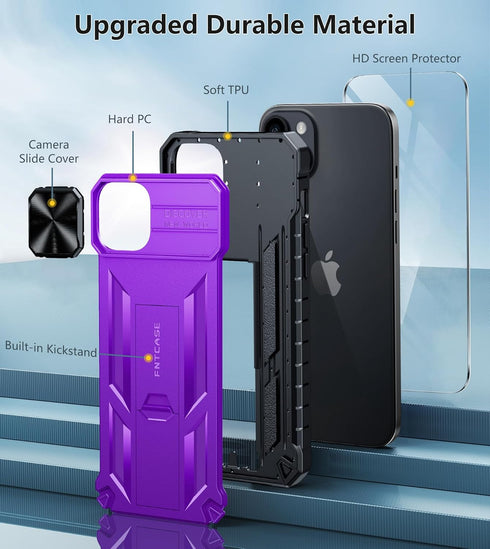 FNTCASE Heavy Duty Shockproof Cover for iPhone 15 Plus, Rugged Military Grade Protection with Kickstand, Purple