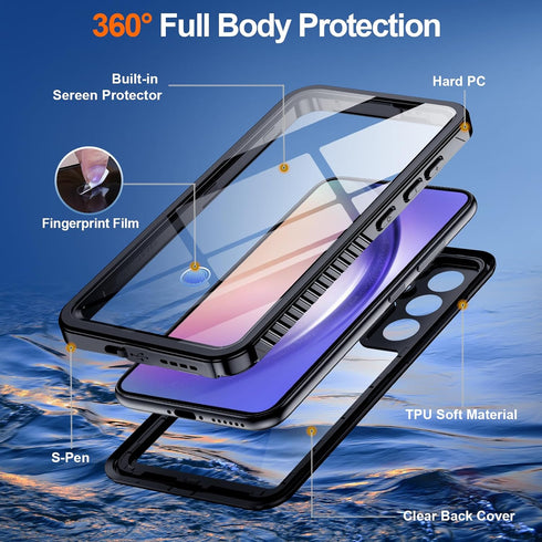 Hualele Galaxy A54 5G Case Waterproof, Built-in Lens & Screen Protector, Rugged Heavy Duty IP68 Underwater