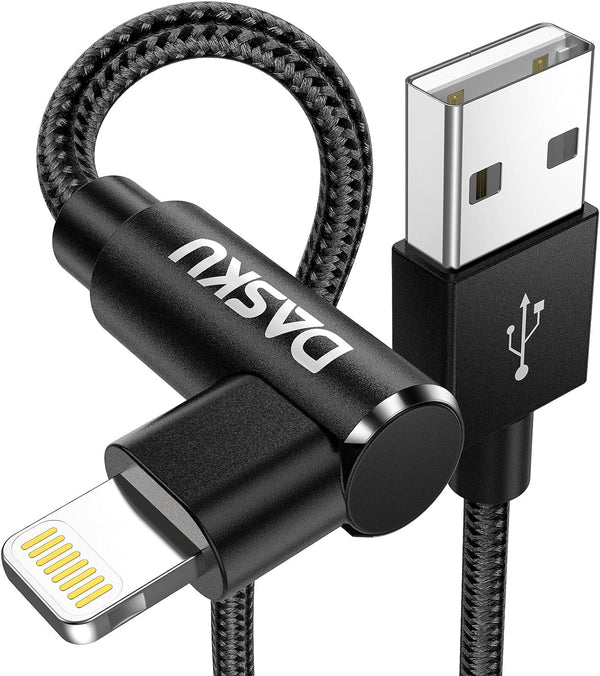 90 Degree Right Angle iPhone Charging Cable 10ft 2-Pack, Nylon Braided Lightning Charger for iPhone 14, 13, 12, 11, Pro