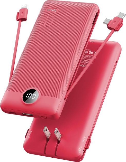 VRURC 10000mAh Portable Charger with Built-in Cables and AC Wall Plug, Compact Lightweight Power Bank for Smartphones,
