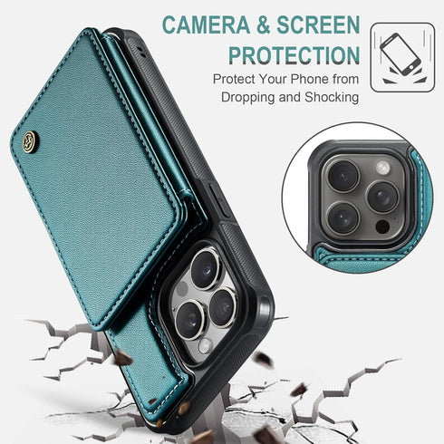 iPhone 15 Pro Wallet Case with Card Holder, RFID Blocking, Durable Kickstand Shockproof Phone Case for Women Men