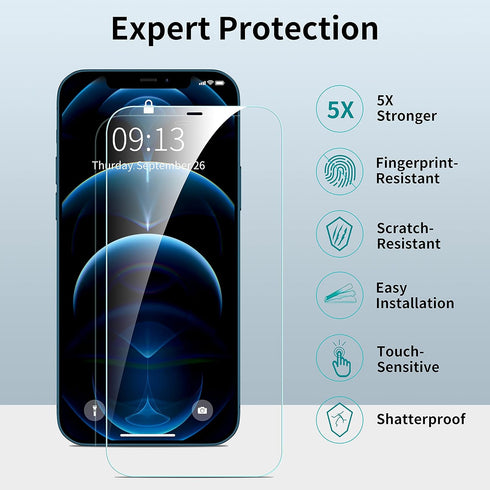 ImpactStrong Shatterproof Tempered Glass Screen Protector for iPhone 12 / 12 Pro, Easy Installation Frame, Bubble Free