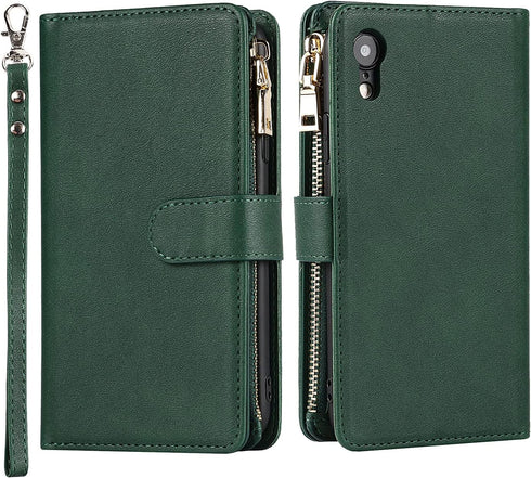 Jaorty Wallet Case for iPhone XR, 9 Card Slots, Wrist Strap, Zipper Cash Pocket, Shockproof Slim Case (Dark Green)