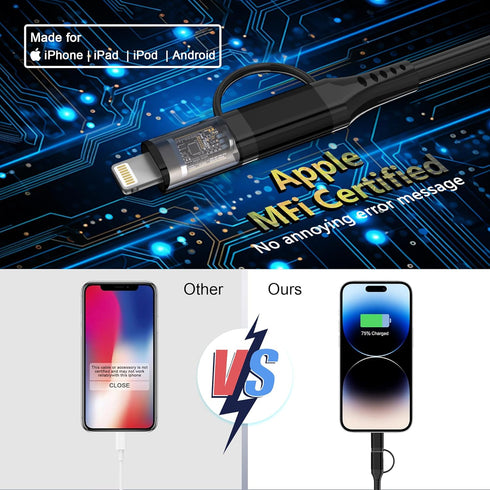 USB to USB-C and Lightning Cable 2 in 1, Short Coiled, 3A Fast Charge & Data Sync, Support Apple Carplay & Android Auto