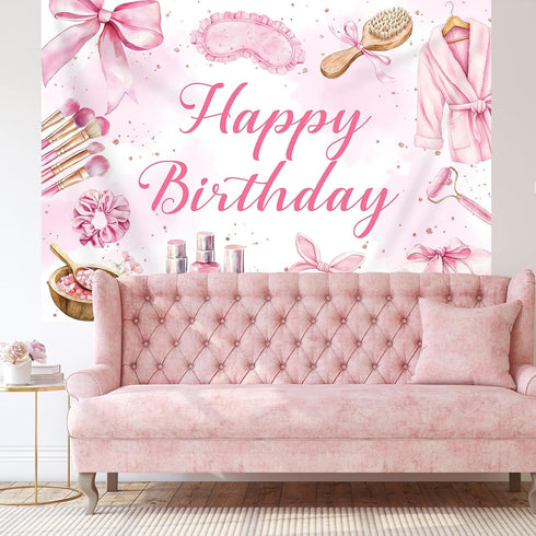 Bcuuipo 7x5ft Spa Party Happy Birthday Backdrop Pink Beauty Makeup Slumber Pajama Sleepover Background for Girls