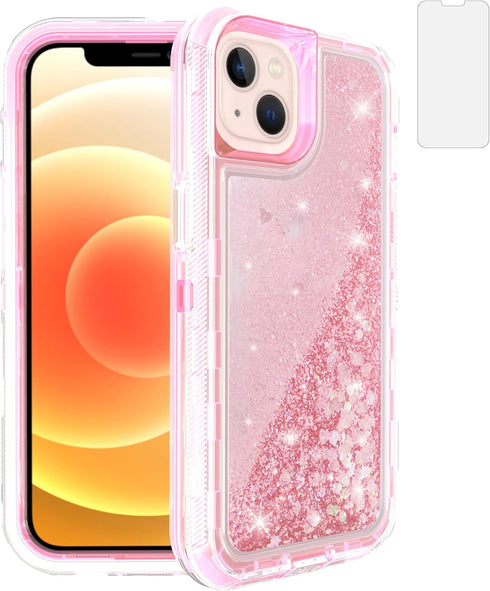 Asuwish iPhone 13 Mini Case - 5.4" Bling Liquid Glitter, Clear Hybrid, Military Grade Protection, Pink, with Screen