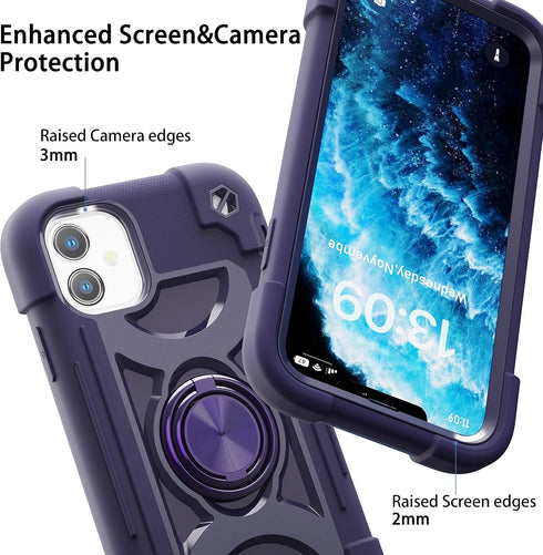 for iPhone 11 Case 6.1 Inch with Ring Stand, with 2 Pack Glass Screen Protector ,Heavy-Duty Shockproof Rugged Military Grade Cover with Magnetic Car Mount for iPhone 11