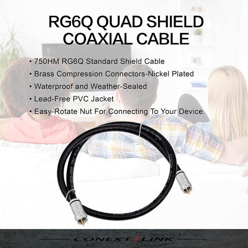 Conext Link RG6 Quad Shield Coaxial Cable, 18 AWG, 3GHz, 75 Ohm, F Connector, Black (3FT) 33001